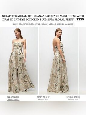 Dessy Collection Strapless Floral Metallic Organza Maxi Dress - Neutral, Green